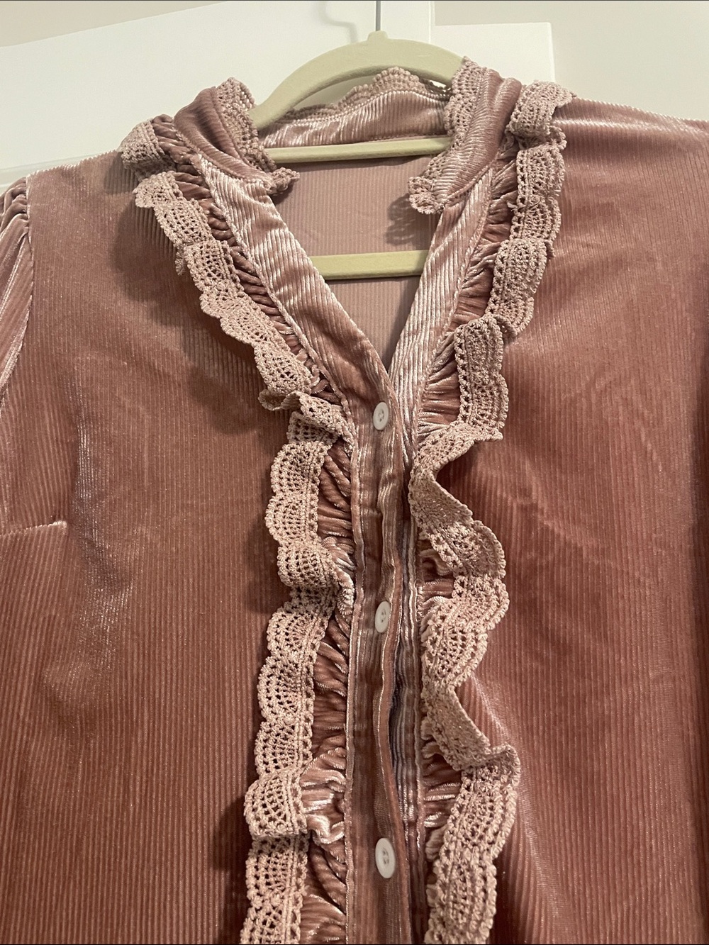 Velvet Ruffle Button-Front Shirt - Dusty Rose - Picture 2 of 5